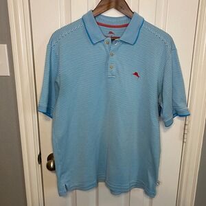 Tommy Bahama Mens Large Blue White Stripe Polo‎ Shirt Short Sleeve